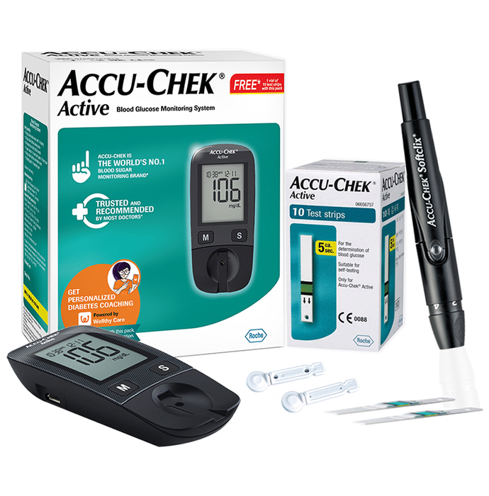 Accu-Chek Active Blood Glucometer Kit (Box of 10 Test strips Free)