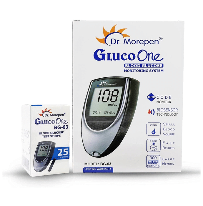Dr Morepen BG 03 Gluco One Glucose Monitoring System with Gluco One BG 03 Blood Glucose 25 Test Strip
