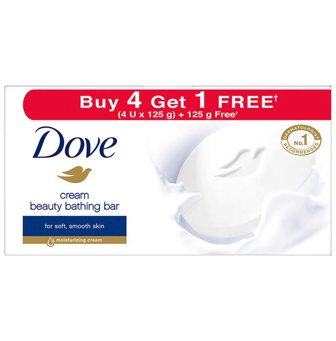 Dove Cream Beauty Bathing Bar for Soft, Smooth, Moisturised Skin (125gm Each) Buy 4 Get 1 Free