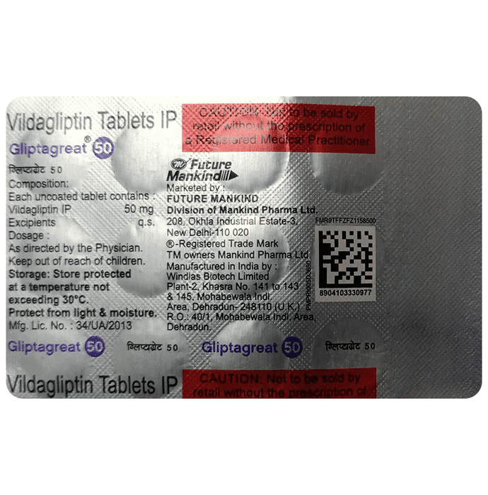 Gliptagreat 50 Tablet – Vildagliptin (50mg) 50 mg by Mankind Pharma Ltd — photo 1 of 2
