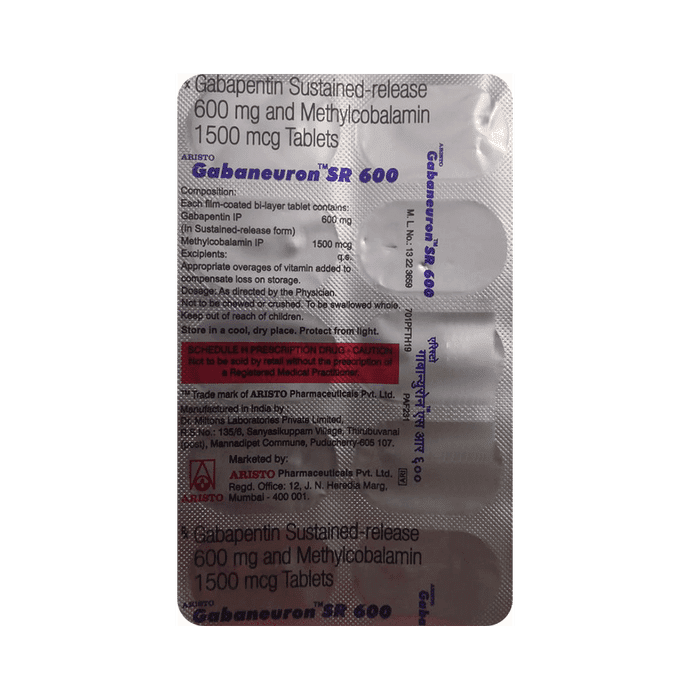 Gabaneuron SR 600 Tablet – Gabapentin (600mg) 600 mg by Aristo Pharmaceuticals Pvt Ltd — photo 1 of 2