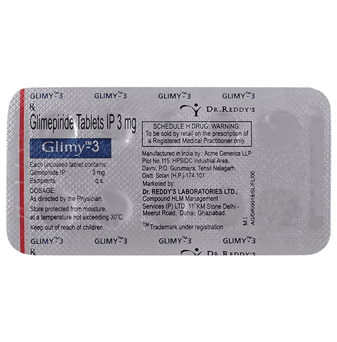 Glimy 3 Tablet – Glimepiride (3mg) 3 mg by Dr Reddy's Laboratories Ltd — photo 1 of 2