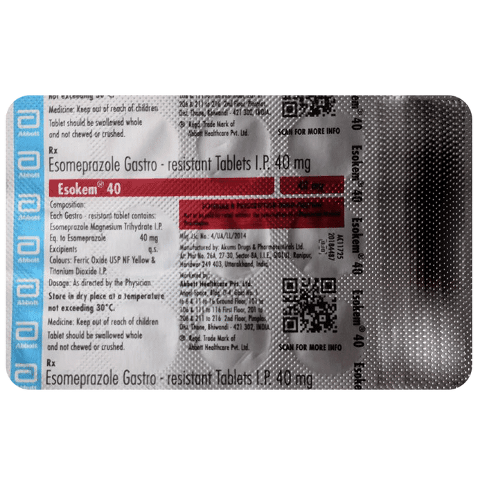 Esokem 40 Tablet – Esomeprazole (40mg) 40 mg by Abbott — photo 1 of 2