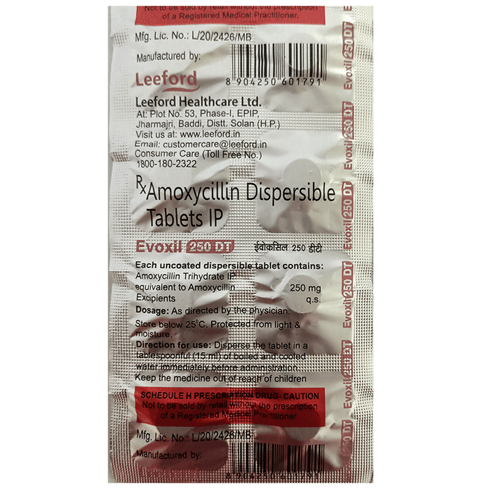 Evoxil 250 DT Tablet – Amoxycillin (250mg) 250 mg by Leeford Healthcare Ltd — photo 1 of 2