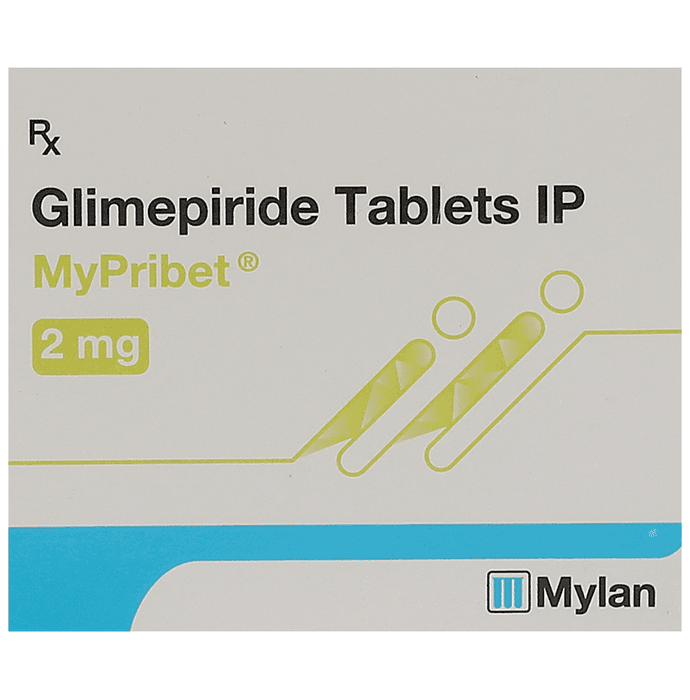 Mypribet 2mg Tablet – Glimepiride (2mg) 2 mg by Mylan Pharmaceuticals Pvt Ltd - A Viatris Company — photo 1 of 4