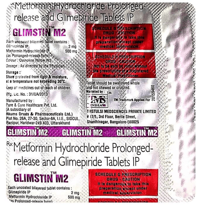 Glimstin M 2 Tablet PR – Glimepiride (2mg) 2 mg by Tulsi Medi Sciences — photo 1 of 2