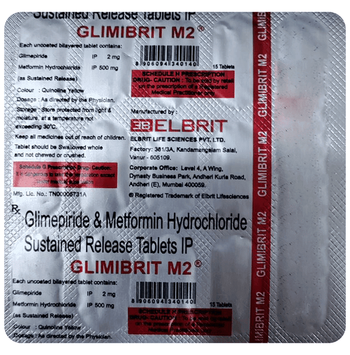 Glimibrit M 2mg/500mg Tablet SR – Glimepiride (2mg) 2 mg by Elbrit Life Sciences — photo 1 of 2