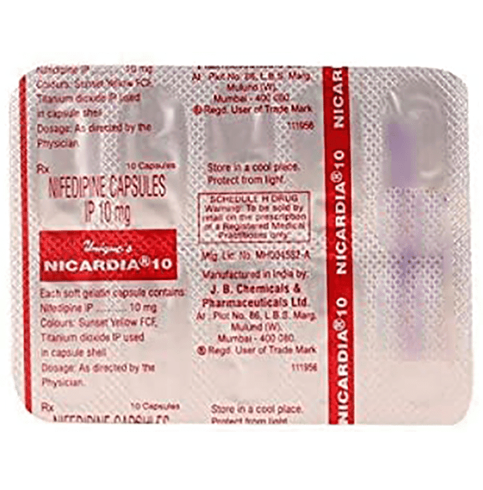 Nicardia 10 Capsule – Nifedipine (10mg) 10 mg by J B Chemicals and Pharmaceuticals Ltd — photo 1 of 2