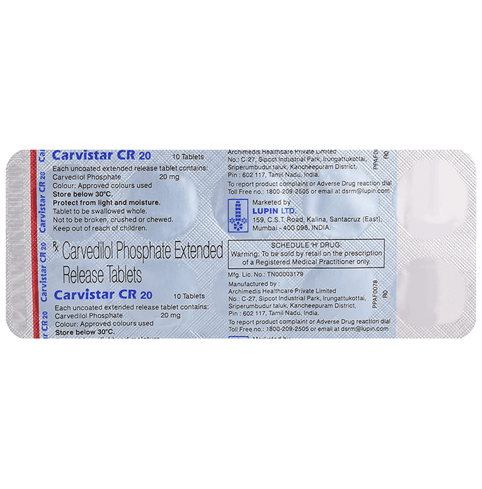 Carvistar CR 20mg Tablet – Carvedilol (20mg) 20 mg by Lupin Ltd — photo 1 of 6