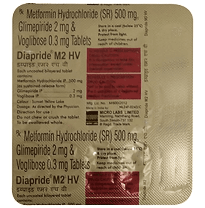 Diapride M2 HV 2mg/500mg/0.3mg Tablet SR – Glimepiride (2mg) 2 mg by Micro Labs Ltd — photo 1 of 2