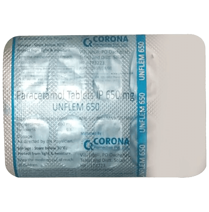 Unflem 650mg Tablet – Paracetamol (650mg) 650 mg by Corona Remedies Pvt Ltd — photo 1 of 2