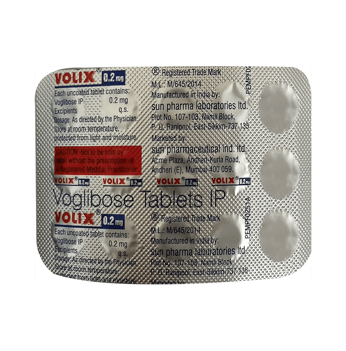 Volix 0.2mg Tablet – Voglibose (0.2mg) 0.2 mg by Sun Pharmaceutical Industries Ltd — photo 1 of 2