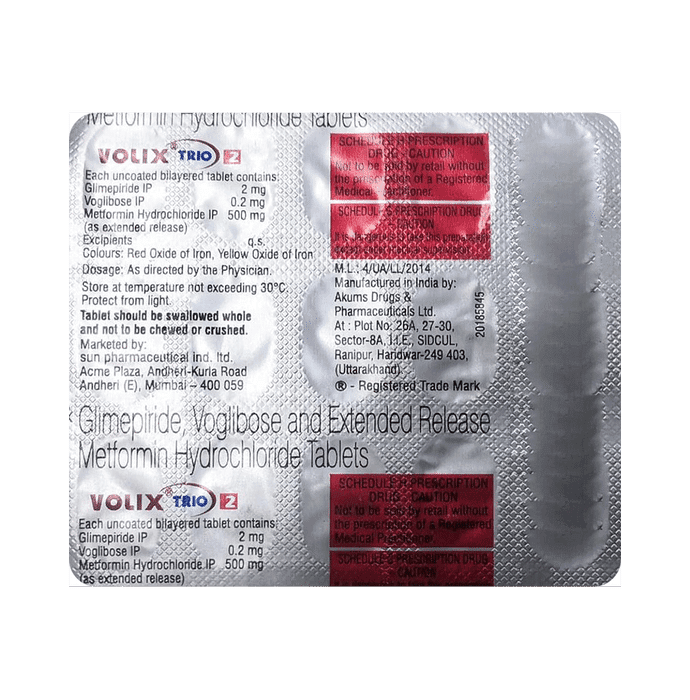 Volix Trio 2 Tablet ER – Glimepiride (2mg) 2 mg by Sun Pharmaceutical Industries Ltd — photo 1 of 2