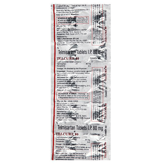 Telcure 80mg Tablet – Telmisartan (80mg) 80 mg by HBC Lifesciences Pvt Ltd
