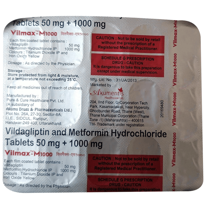 Vilmax-M 1000 Tablet – Metformin (1000mg) 1000 mg by Akumentis Healthcare Ltd — photo 1 of 2