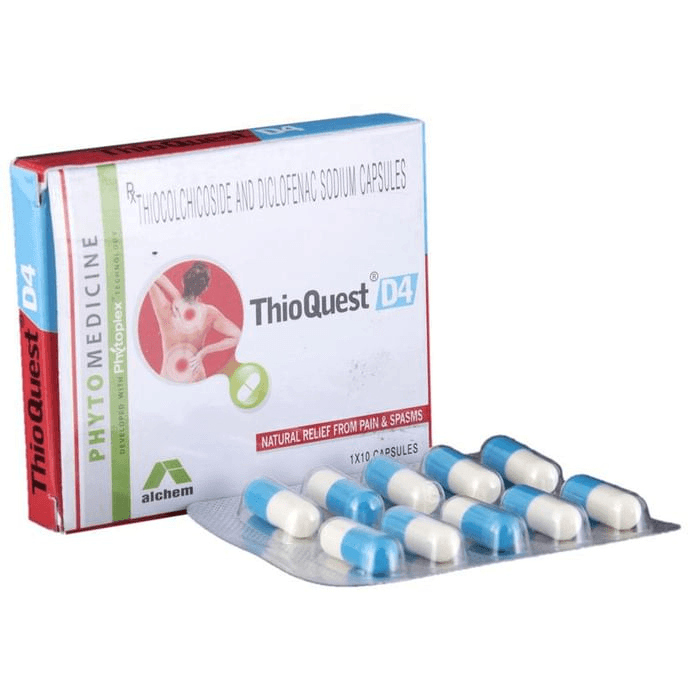Thioquest D 4 Capsule – Thiocolchicoside (4mg) 4 mg by Alchem Phytoceuticals Ltd — photo 1 of 6
