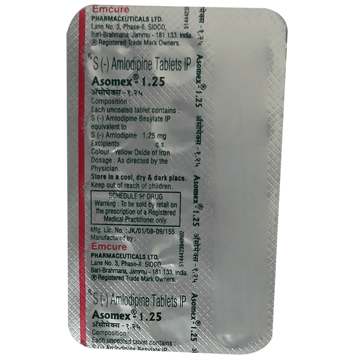 Asomex 1.25mg Tablet – Amlodipine (1.25mg) 1.25 mg by Emcure Pharmaceuticals Ltd — photo 1 of 2