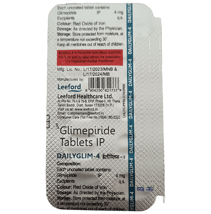 Dailyglim 4mg Tablet – Glimepiride (4mg) 4 mg by Leeford Healthcare Ltd — photo 1 of 2