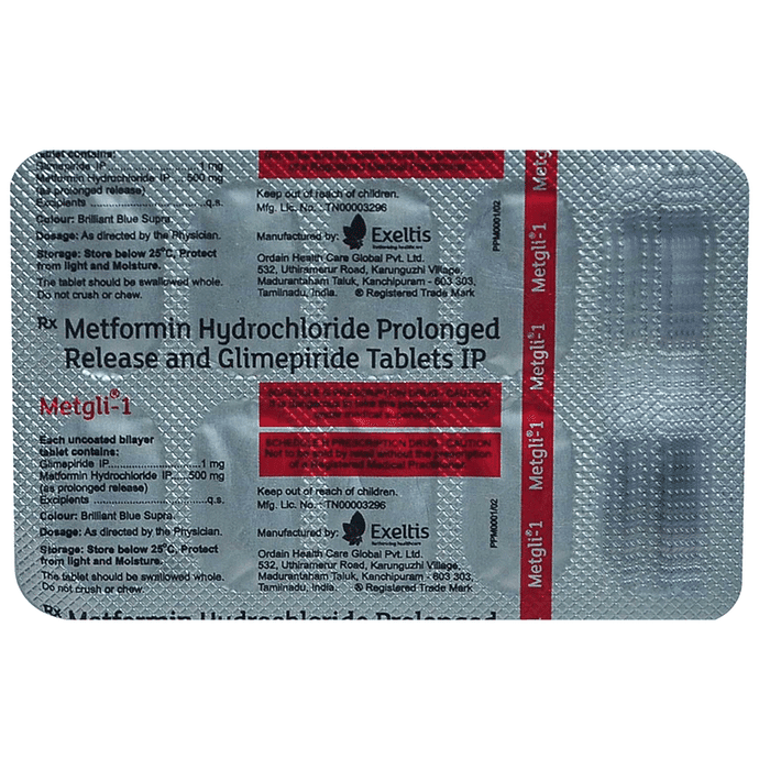 Metgli 1mg/500mg Tablet PR – Glimepiride (1mg) 1 mg by Ordain Health Care Global Pvt Ltd — photo 1 of 2