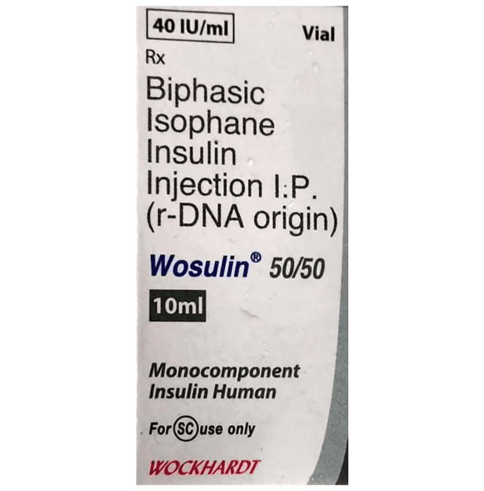 Wosulin 50/50 Injection 40IU/ml – Insulin Isophane (50%) 40 iu by Wockhardt Ltd — photo 1 of 4