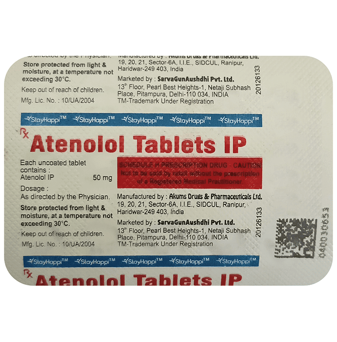 StayHappi Atenolol 50mg Tablet – 09d5b5c9-ed8c-4ace-8f8f-6c5dc87a8a31 by Sarvagunaushdhi Pvt Ltd — photo 1 of 2