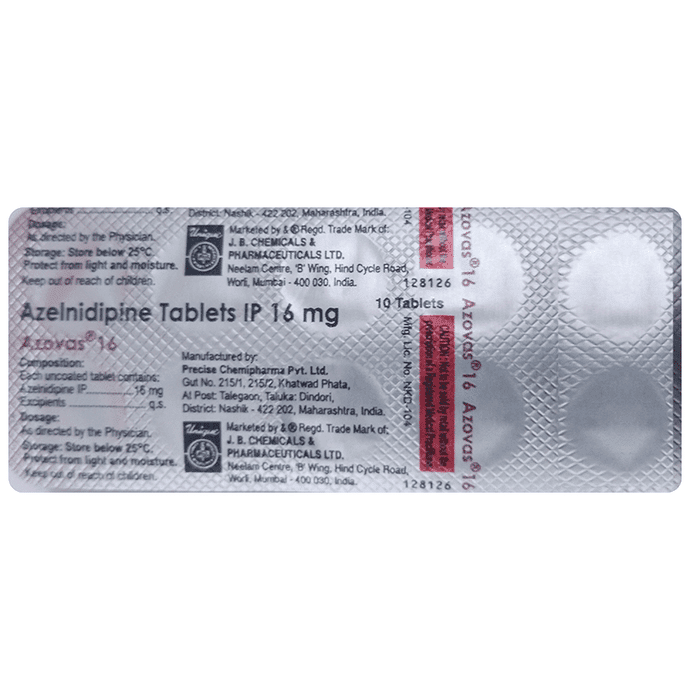 Azovas 16mg Tablet – Azelnidipine (16mg) 16 mg by J B Chemicals and Pharmaceuticals Ltd