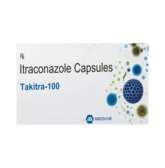 Takitra 100 Capsule – Itraconazole (100mg) 100 mg by Medvue Remedies Pvt Ltd — photo 1 of 2