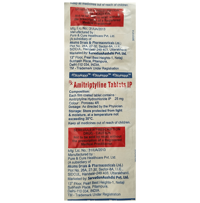 StayHappi Amitriptyline 25mg Tablet – Amitriptyline (25mg) 25 mg by Sarvagunaushdhi Pvt Ltd — photo 1 of 2