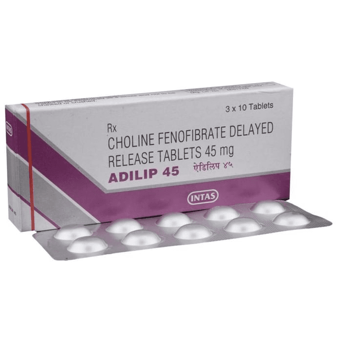 Adilip 45 Tablet DR – Fenofibrate (45mg) 45 mg by Intas Pharmaceuticals Ltd — photo 1 of 6