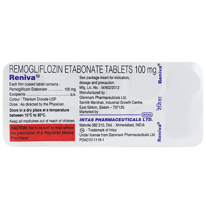 Reniva 100mg Tablet – Remogliflozin Etabonate (100mg) 100 mg by Intas Pharmaceuticals Ltd